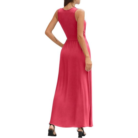 Women Peach Red Deep V Neck Sleeveless Loose Plain Long Maxi Stretchy Dress - Picture 6 of 6
